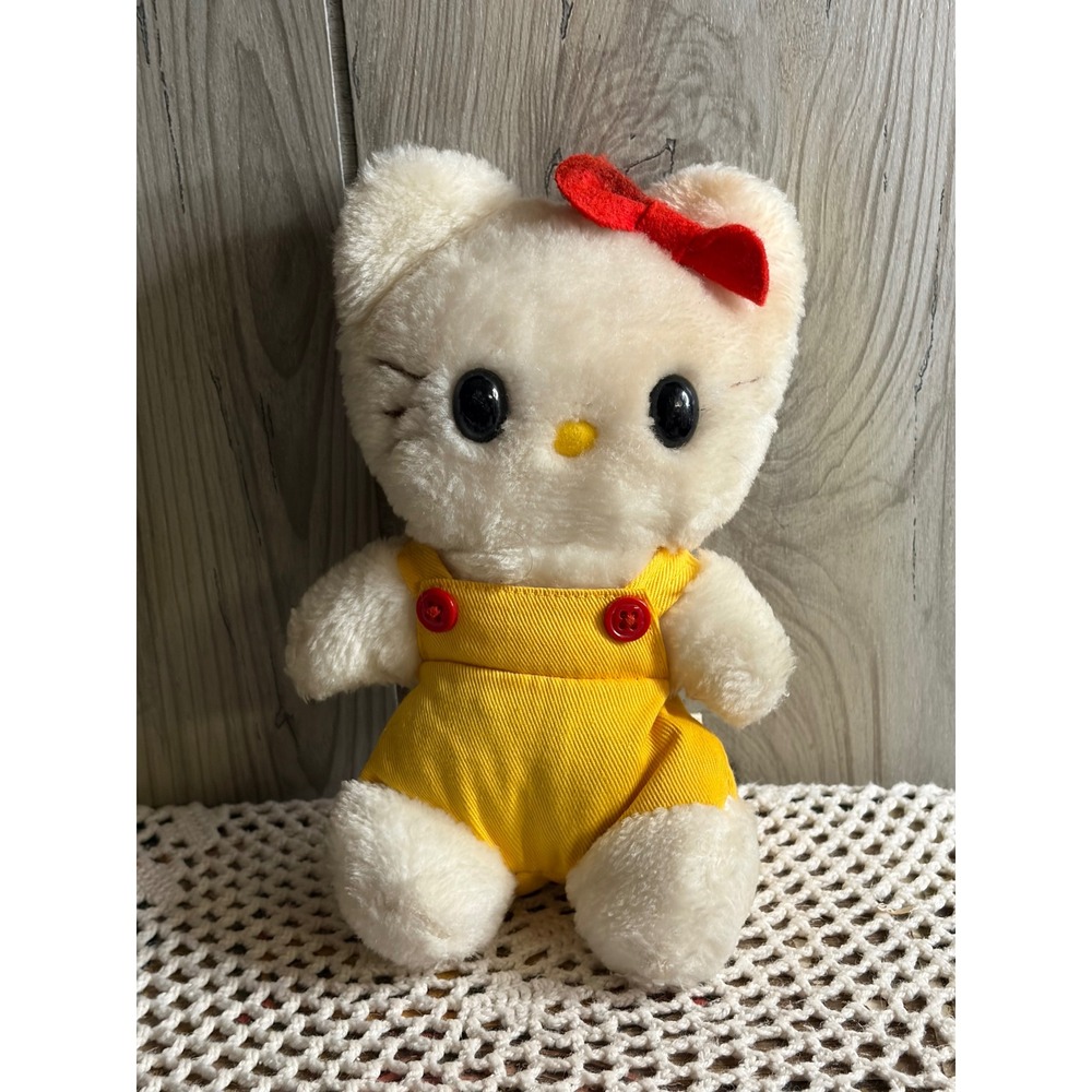 Vintage 1983 Hello Kitty Plush Sanrio CBS Toys Yellow Romper 7 Inch Stuffed Toy